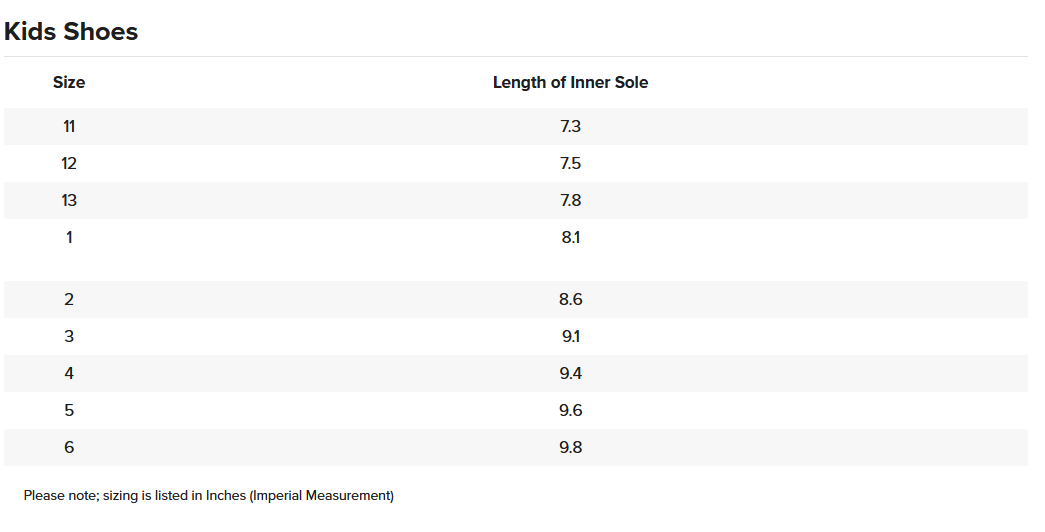 RIPCURL JUNIOR SHOES 24 0 Size Chart